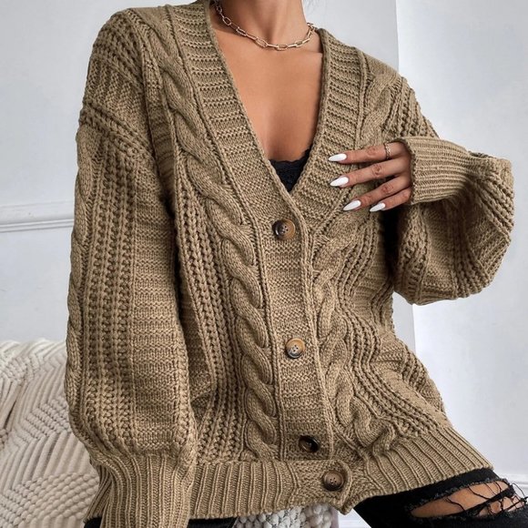 . Sweaters - Tan Womens Cable Knit button down Cardigan